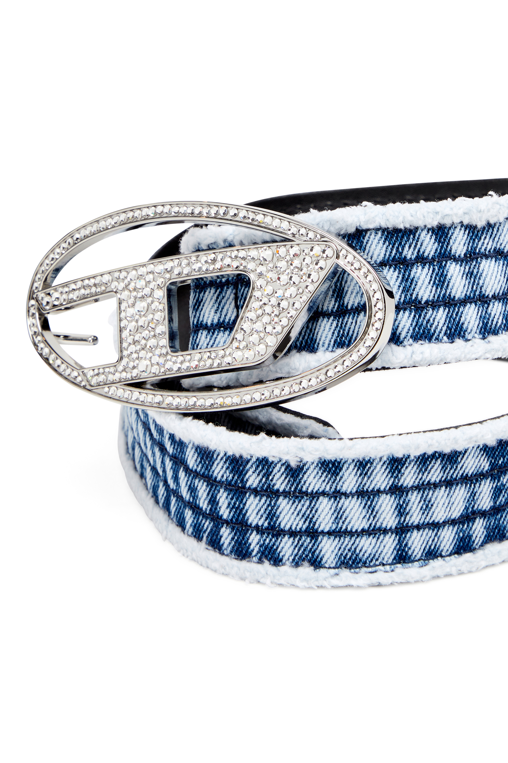 Diesel - B-1DR STRASS, Ceinture 3.9 cm en denim et cuir avec boucle en cristal Femme in Bleu - 3