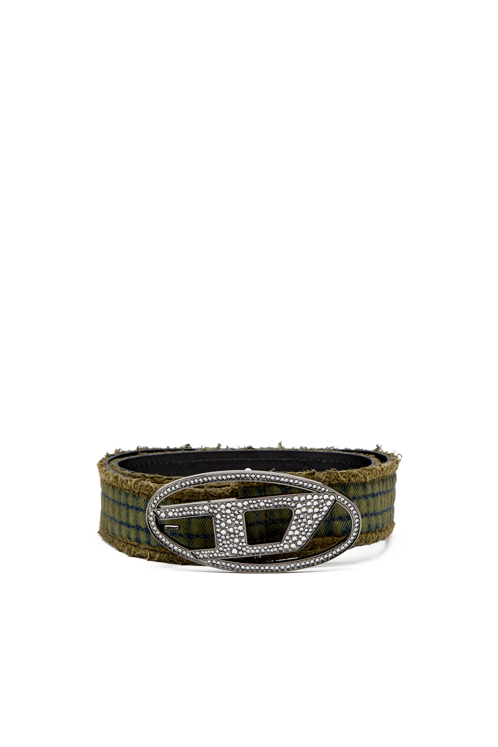 Diesel - B-1DR STRASS, Ceinture 3.9 cm en denim et cuir avec boucle en cristal Femme in Vert - 1